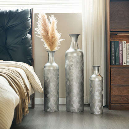 3er Set Bodenvase Silber, Metall, Wellenmuster, Hohe Übertöpfe 83/66/50 cm