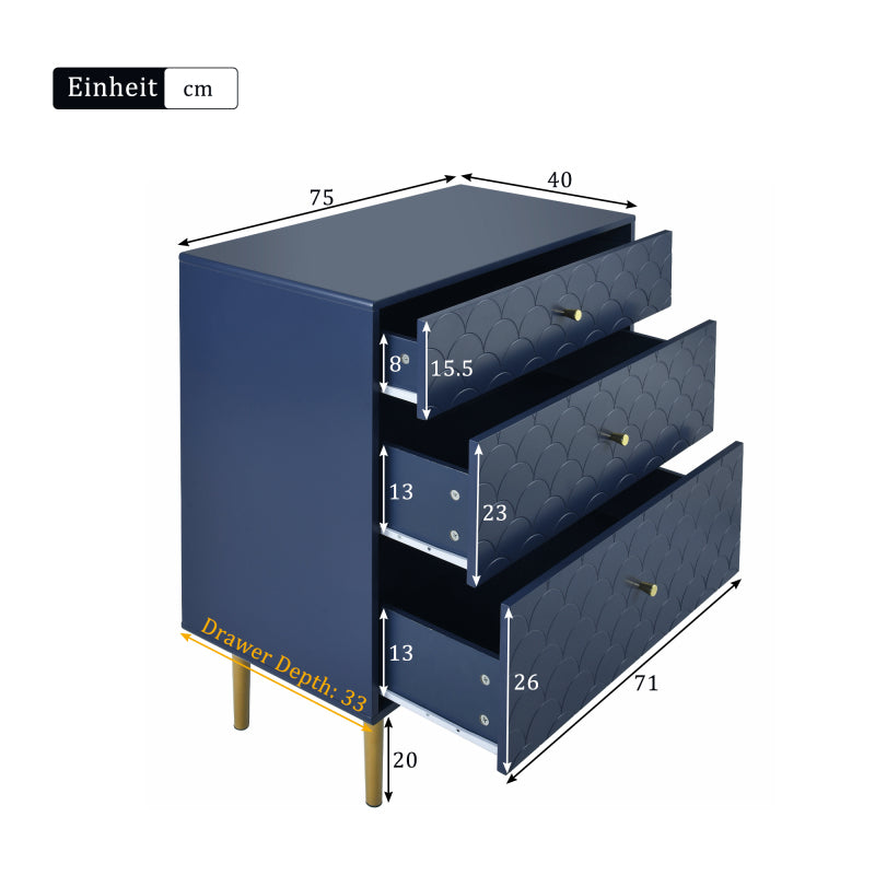 [NEW] Schubladenkommode Kommode mit 3 Schubladen, Sideboard Highboard für Schlafzimmer & alle Wohnräume,Marineblau-H89/B75/T40 cm