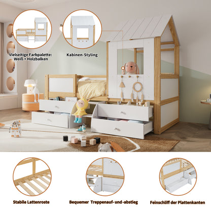 Kinderbett, halbhohes Bett, Hausbett mit Dach und Fenster, Vierseitiger Zaun, mit 4 Schubladen und kleine Treppe, Kiefer+MDF+Sperrholz, Weiß+Natur, 90x200cm