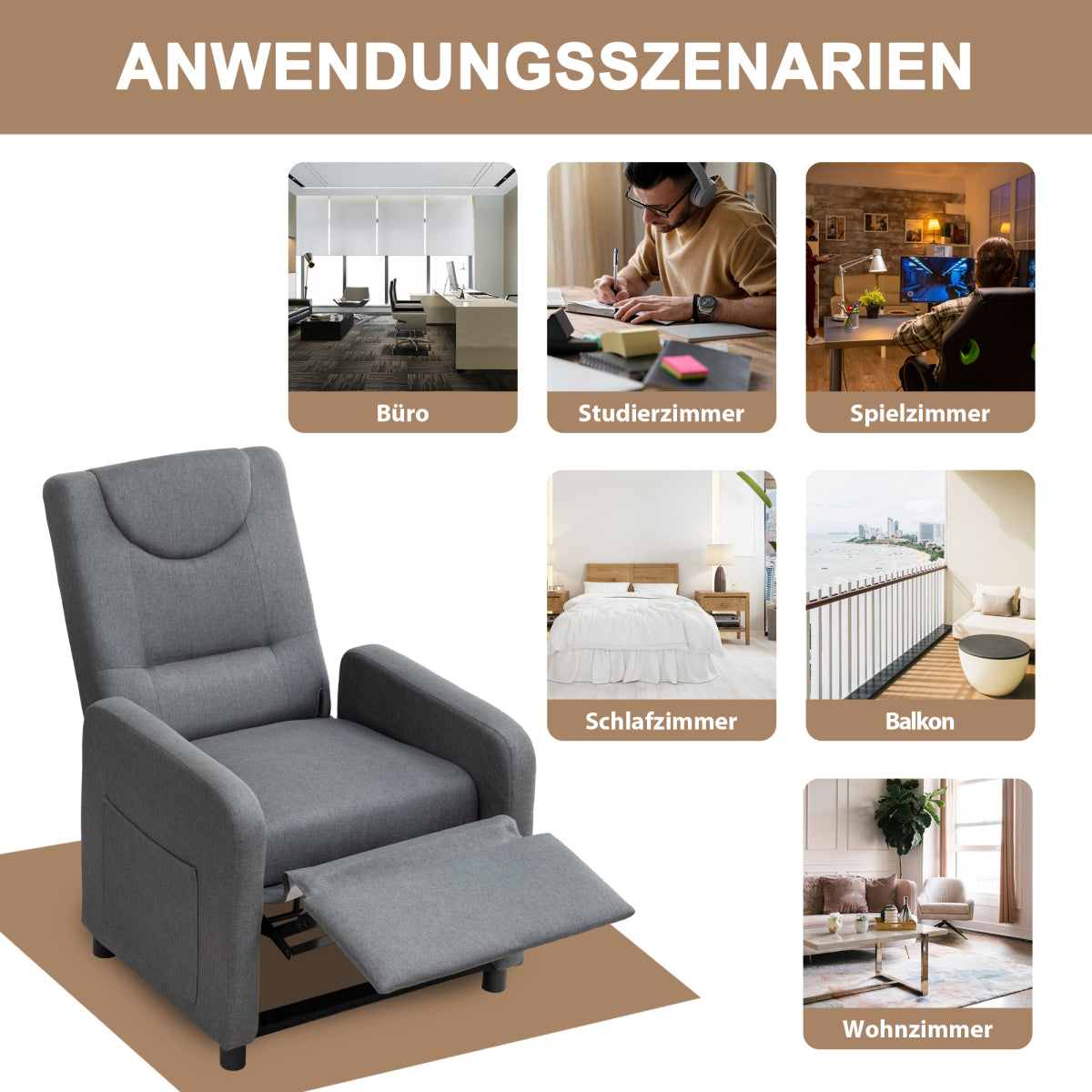 Relaxsessel Fernsehsessel Ruhesessel Liegesessel mit Liegefunktion Verstellbar Dunkelgrau