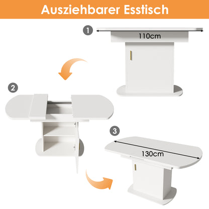 Ausziehbarer ovaler Esstisch, L110/130*W70*H75cm, weiß+goldener Griff
