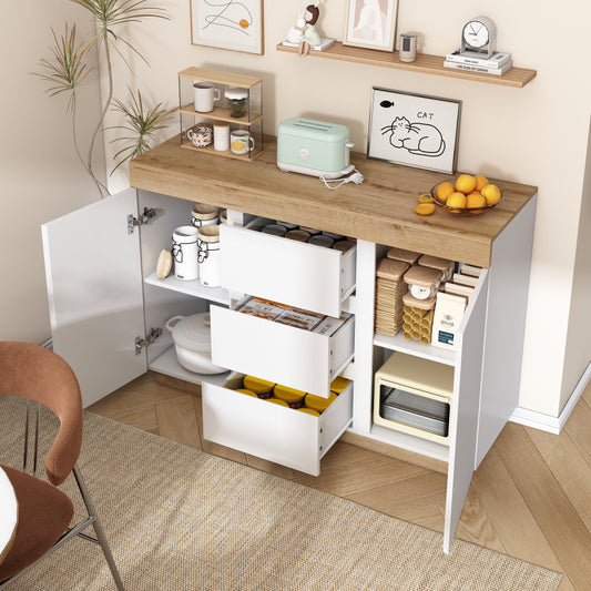 Kommode mit 3 Schubladen und 2 Türen, Schließfach,Funktion von Aufbewahrung, für Schlafzimmer und Wohnzimmer, E1-Spanplatte, weiß+oak