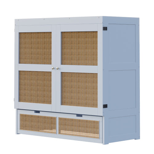 Schrankbett 140 x 200 cm, Wandbett mit Lattenrost, Wandklappbett, Rattan-Design, Holzbetten, Jugendbetten, Einzelbetten, Grau