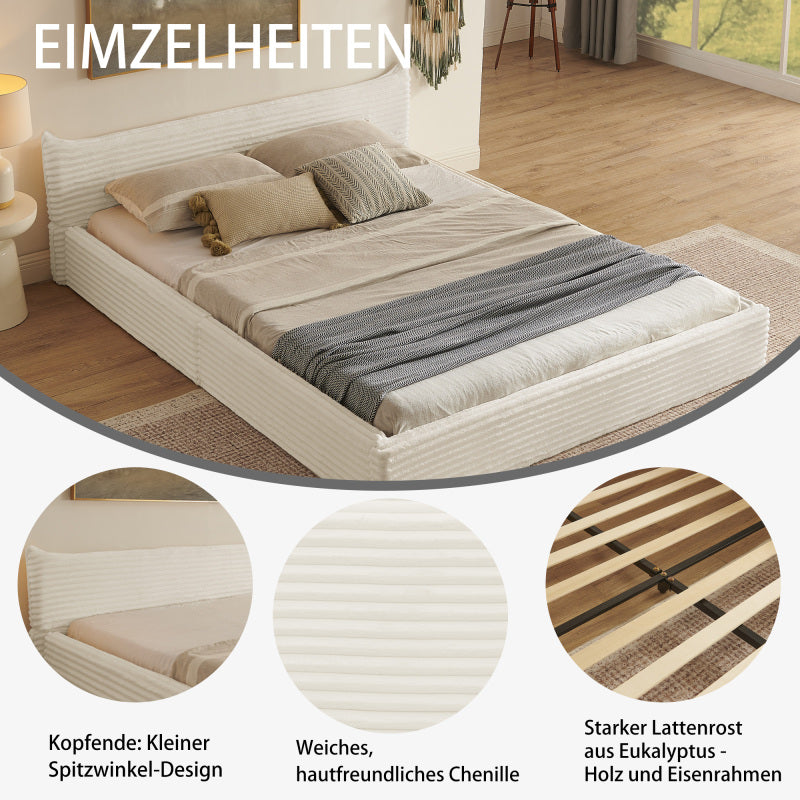 Doppelbett 160x200cm, mit Samtweichem Chenille-Bezug & Elegantem Kleinkantendesign am Kopfende, Beige (ohne Matratze)
