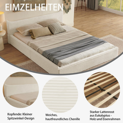 Doppelbett 160x200cm, mit Samtweichem Chenille-Bezug & Elegantem Kleinkantendesign am Kopfende, Beige (ohne Matratze)