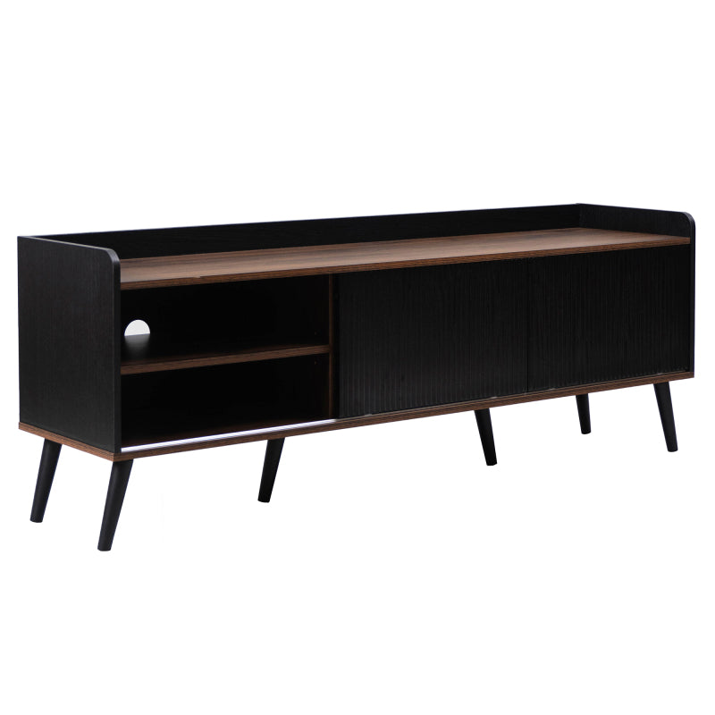 TV-Schrank mit zwei Schubladen, Fernsehtisch TV Board, TV- Lowboard niedrige Platte mit zwei Schiebetüren. Exquisite Textur. Schwarz und natürliches Holzfarbe. H58/L160/T40 cm