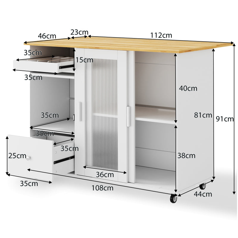 112×46(69)×91cm, klappbarer Kücheninselwagen, Eichenholzfurnier, Weinregal, Schubladen, großer Kücheninselwagen mit Schiebetüren aus gehärtetem Glas und verstellbaren Einlegeböden, mobiler Inselwagen