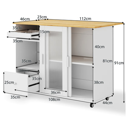 112×46(69)×91cm, klappbarer Kücheninselwagen, Eichenholzfurnier, Weinregal, Schubladen, großer Kücheninselwagen mit Schiebetüren aus gehärtetem Glas und verstellbaren Einlegeböden, mobiler Inselwagen