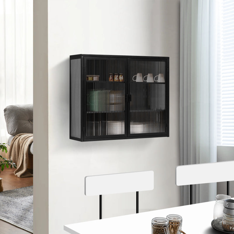 70CM Glastüren Moderner zweitüriger Wandschrank mit dreistufiger Lagerung für Eingangsbereich Wohnzimmer Badezimmer Esszimmer(Black)