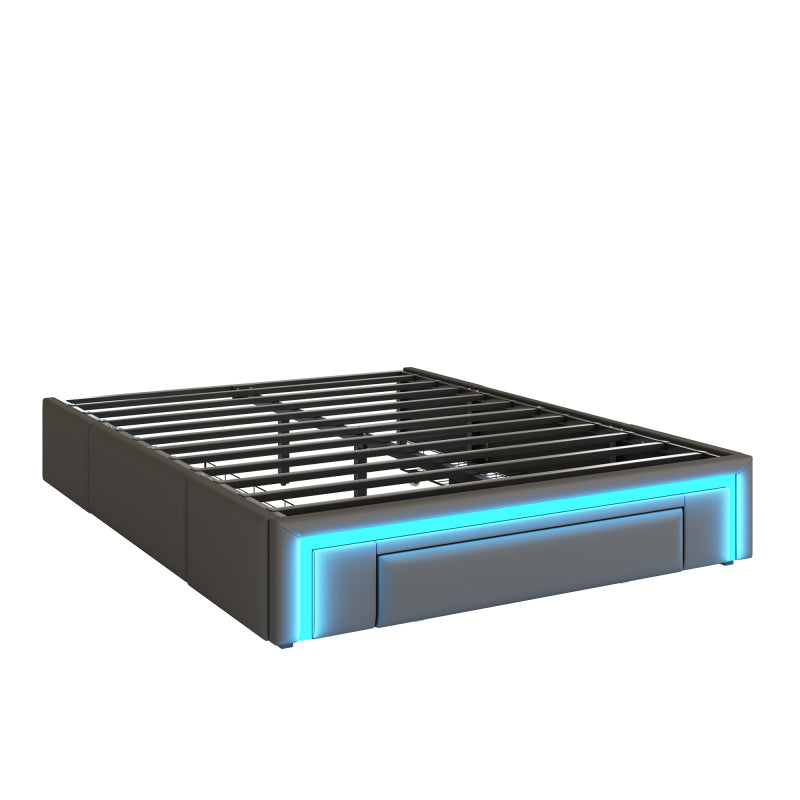 Bettgestell 160X200 mit Schubladen, PU-Leder Bett ohne Kopfteil Mit LED-Lichtleiste, MetalllattenPlattformbett für moderne Schlafzimmer Grau