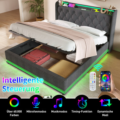 Polsterbett Doppelbett, 360-Surround-LED-Funktion, Drucktaste/App/Fernbedienung,160*200 cm,Grau Leinen-Material Hydraulisches Lagerbett, gepolstertes Kopfteil mit USB Typ-C Ladefunktion(Mit Matratze)