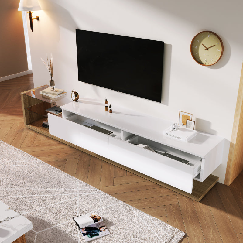 TV-Schränke, Lowboards, Kombination aus Hochglanzweiß und Holzfarben. Glastrennwände und variable LED-Beleuchtung. Es kombiniert natürlichen Landhausstil mit modernem Design.