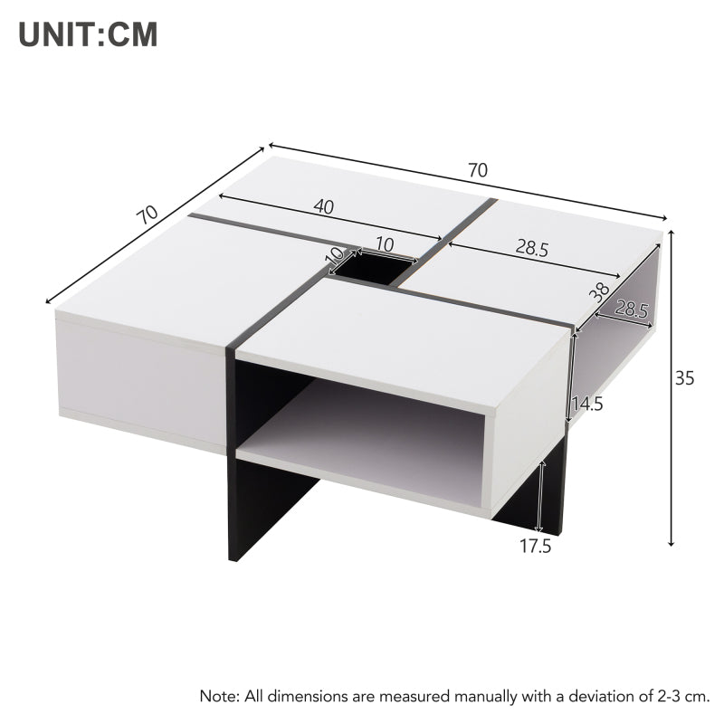 Moderner quadratischer Couchtisch 70x70x35cm – Schwarz-Weiß Design, 5 offene Fächer, mittleres Staufach 10x10cm, stabiler 30KG Tragkraft,Weißer quadratischer Couchtisch