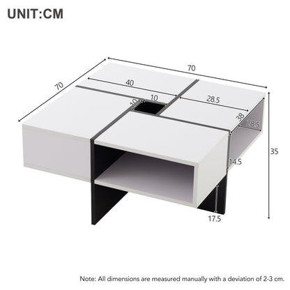 Moderner quadratischer Couchtisch 70x70x35cm – Schwarz-Weiß Design, 5 offene Fächer, mittleres Staufach 10x10cm, stabiler 30KG Tragkraft,Weißer quadratischer Couchtisch