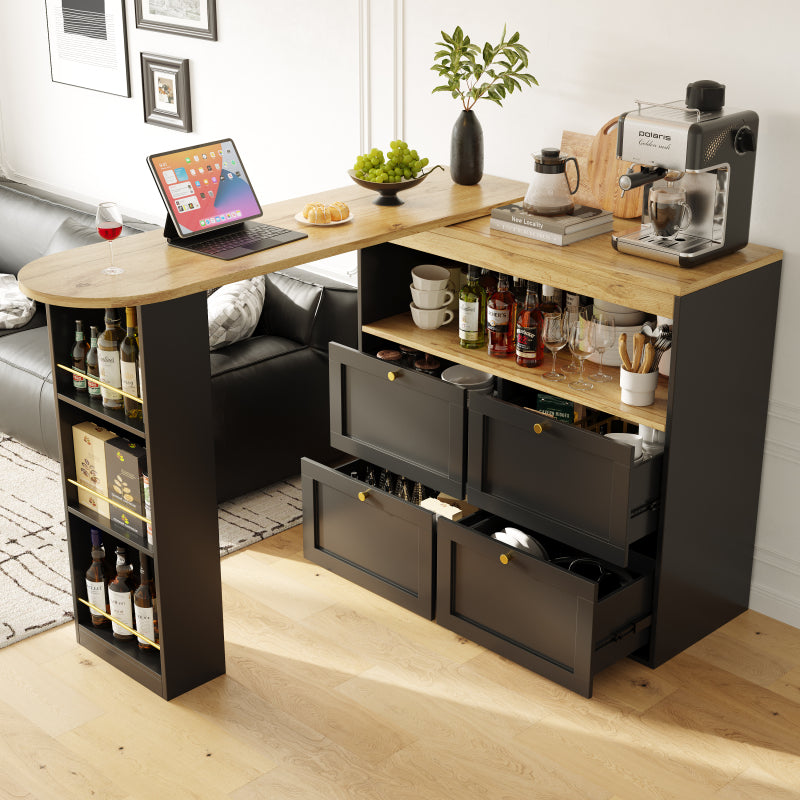 Um 360° drehbarer Bartisch (Hauptkörper 105 x 39 x 102 cm), mit 4 Schubladen und offenen Ablagen, geeignet für Esszimmer/Arbeitszimmer/Wohnzimmer usw