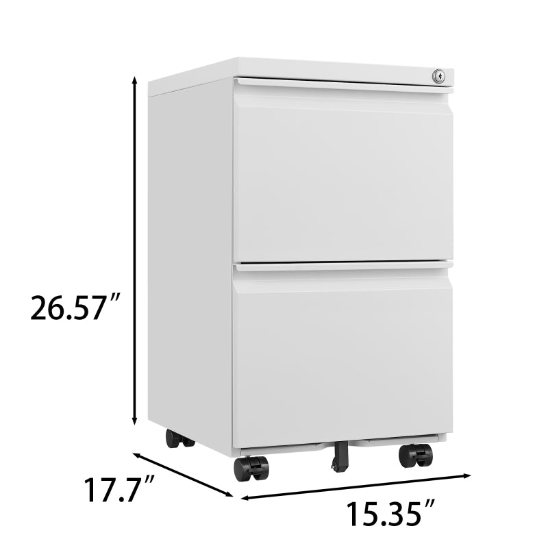 Metal 2 Drawer Mobile File Cabinet with Lock, Under Desk Office Steel Filing Cabinet, 25.6''H Legal/Letter Size Files Storage Cabinet,White