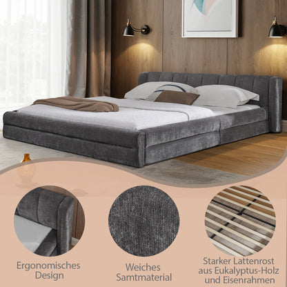 Doppelbett 140×200 cm, Chenille Stoff, komfortable Rückenlehne, robustes Eukalyptus und Eisengestell, einfach zu montieren, Dark Gray (ohne Matratze)