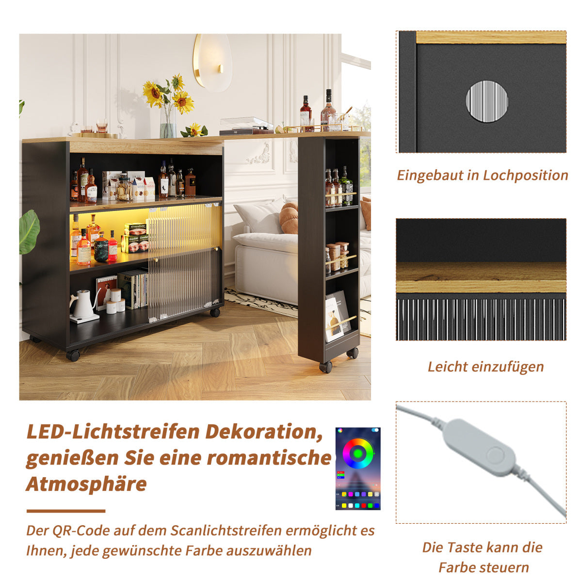 Produkttitel:  Bartisch ausziehbar 138-204cm, fahrbarer Stehtisch mit LED & Changhong-Glas, Küchentisch mit Rollen & Stauraum, Bistro Table, Schwarz