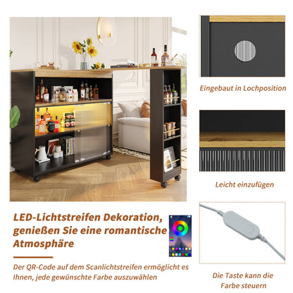 Produkttitel:  Bartisch ausziehbar 138-204cm, fahrbarer Stehtisch mit LED & Changhong-Glas, Küchentisch mit Rollen & Stauraum, Bistro Table, Schwarz