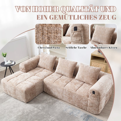 Modernes Sektionssofa, L-Sofa, 3-Sitzer-Sofa, keine Installation erforderlich, Chenille-Sofa mit Chaiselongue und Armlehnen, 3 Kissen, Seitentasche für Fernbedienung, khaki