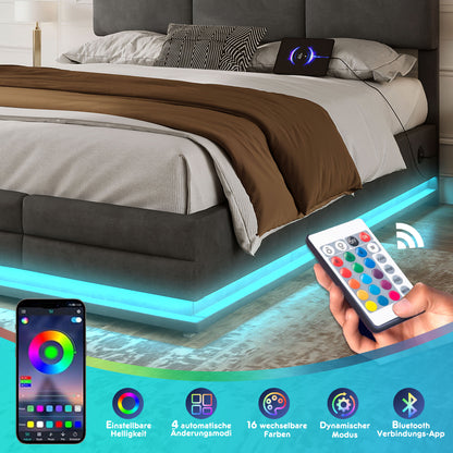 160 x 200 cm Bettgestell aus weichem Samt mit USB Type C Ladefunktion und LED Beleuchtung, Hydrauliksystem Stauraum Bettgestell aus Samtmaterial Jugendbett mit Lattenrost, Grau