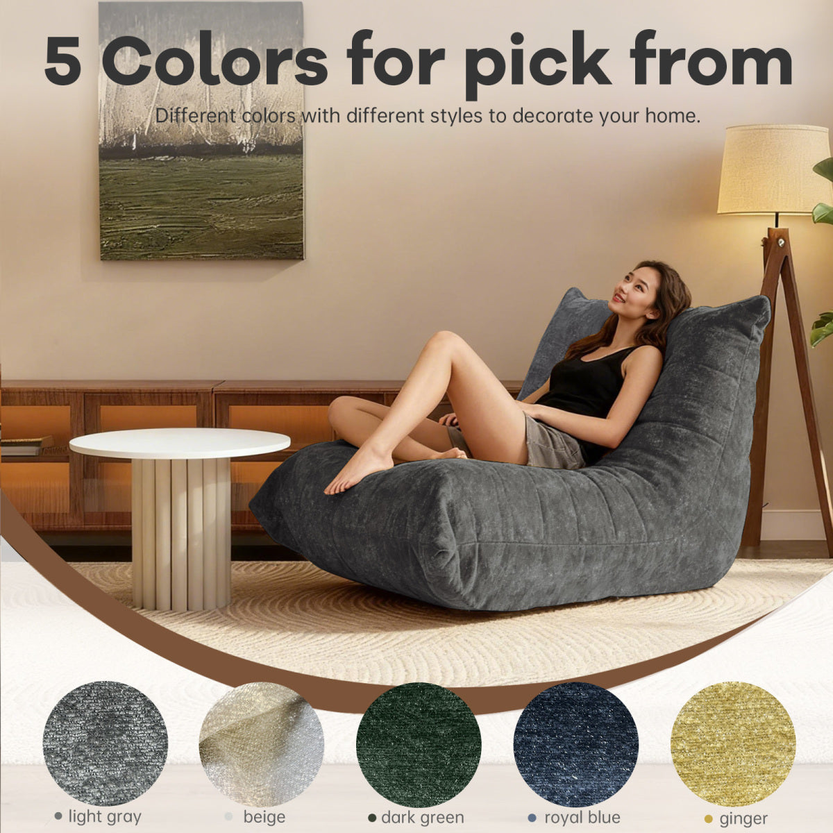 Ergonomischer Sitzsack Sessel mit 5-Zonen-Körperunterstützung, Bean Bag Chair aus Chenille-Stoff, Grau