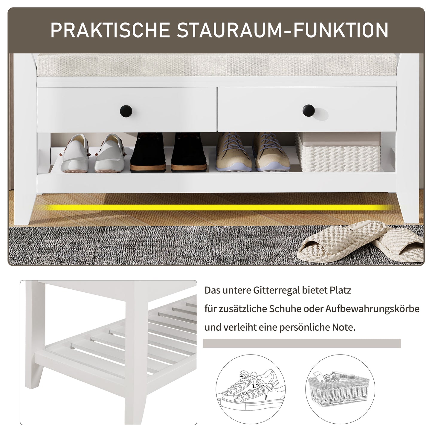 Moderne Schuhbank mit Sitzfläche und Stauraum, Soft Kissen-Oberfläche, Schuhregal für Eingangsbereich, Weiß