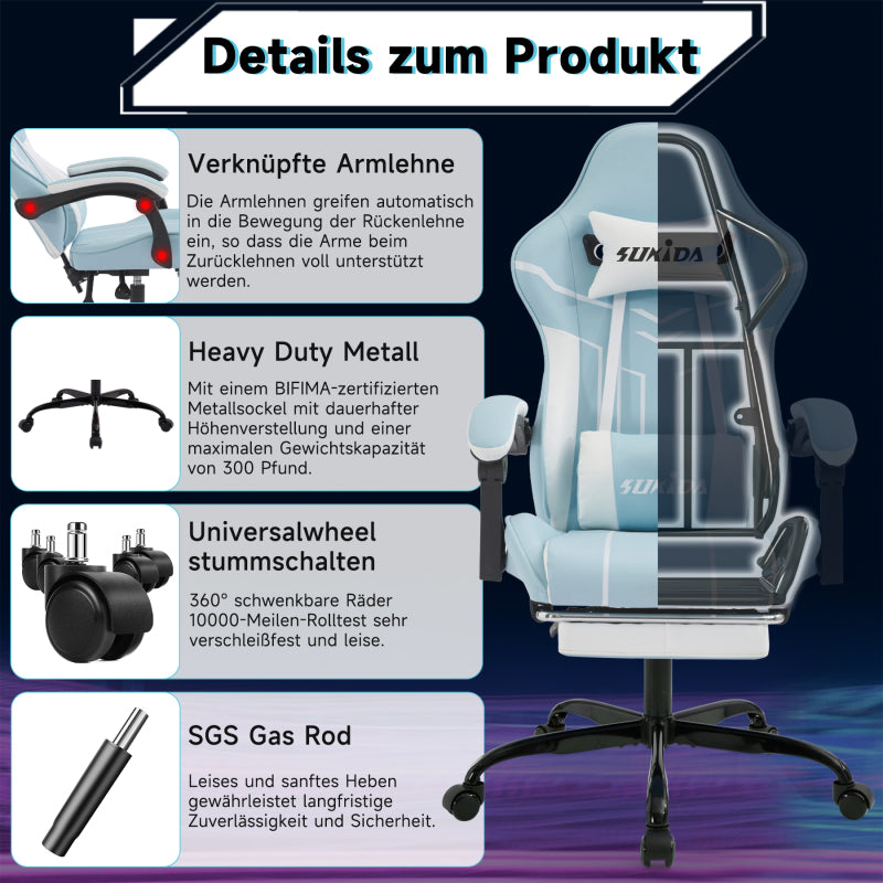 Gaming Stuhl Computerstuhl Ergonomischer Gaming Chair mit Fußstütze Bürostuhl Ergonomischer Computerstuhl mit Lendenwirbelstütze Bluewhite