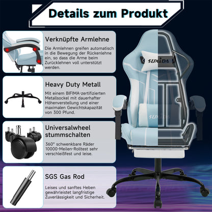Gaming Stuhl Computerstuhl Ergonomischer Gaming Chair mit Fußstütze Bürostuhl Ergonomischer Computerstuhl mit Lendenwirbelstütze Bluewhite