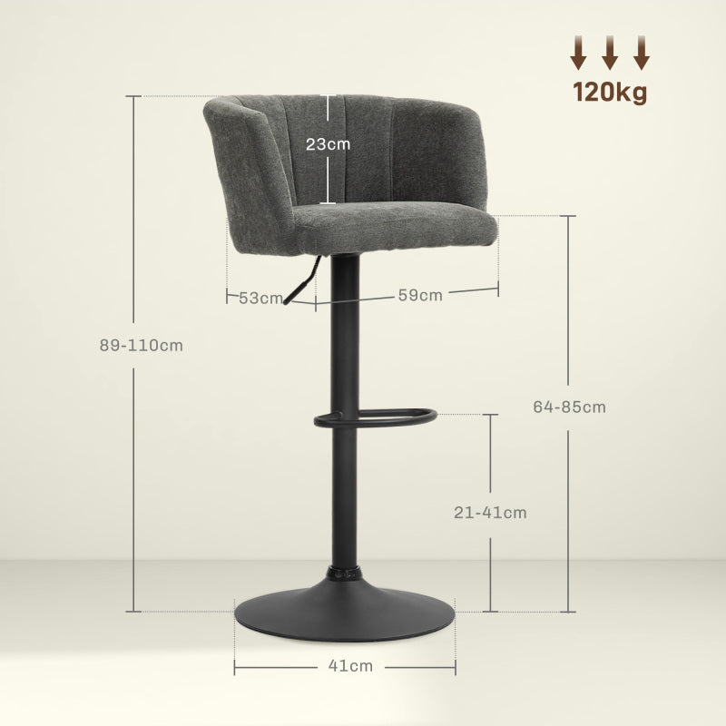 2er-Set Barhocker, Bistrohocker mit Fußstütze, Drehbar Barstuhl, Höhenverstellbar Küchenhocker mit Leinenbezug, Dunkelgrau