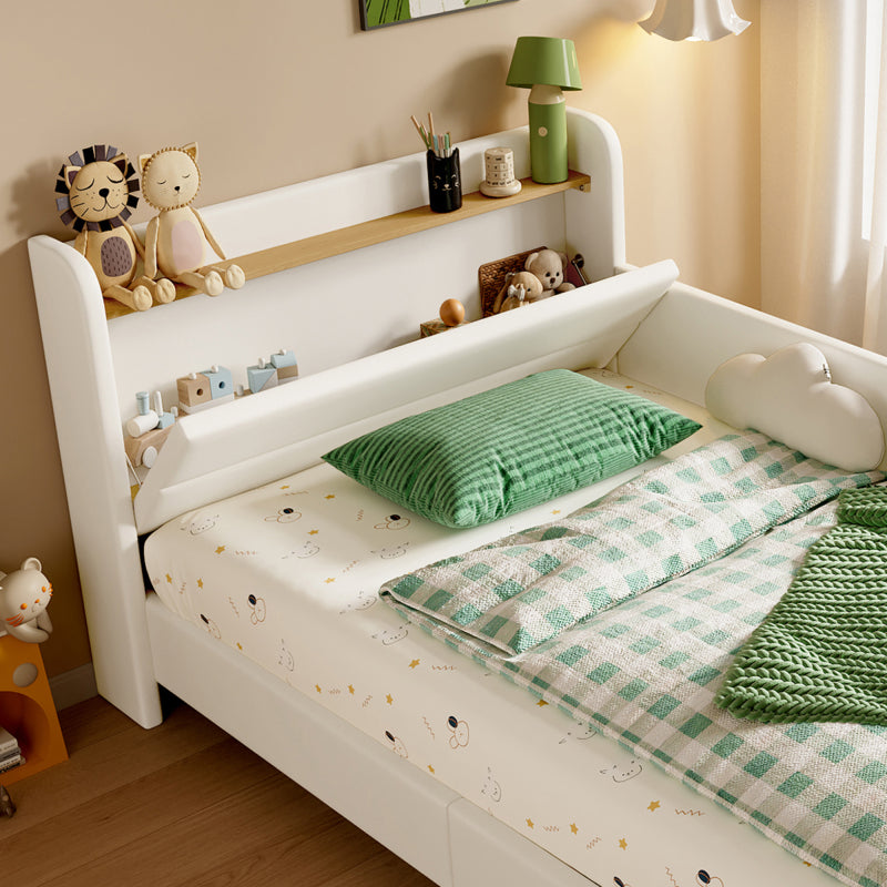 Kinder-Spleißbett, Polsterbett, Tagesbett, Schlafsofa mit Metallbettgestell, Kindernachttisch mit unterer Klapptür, 3 kleine Aufbewahrungstaschen, PU+MDF+Sperrholz, Weiß, 90x200cm