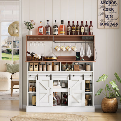 Kaffeebar 120 cm mit Gläserhalter & Steckdosen, Sideboard im Landhausstil mit Schiebetüren – Weiß/Natur