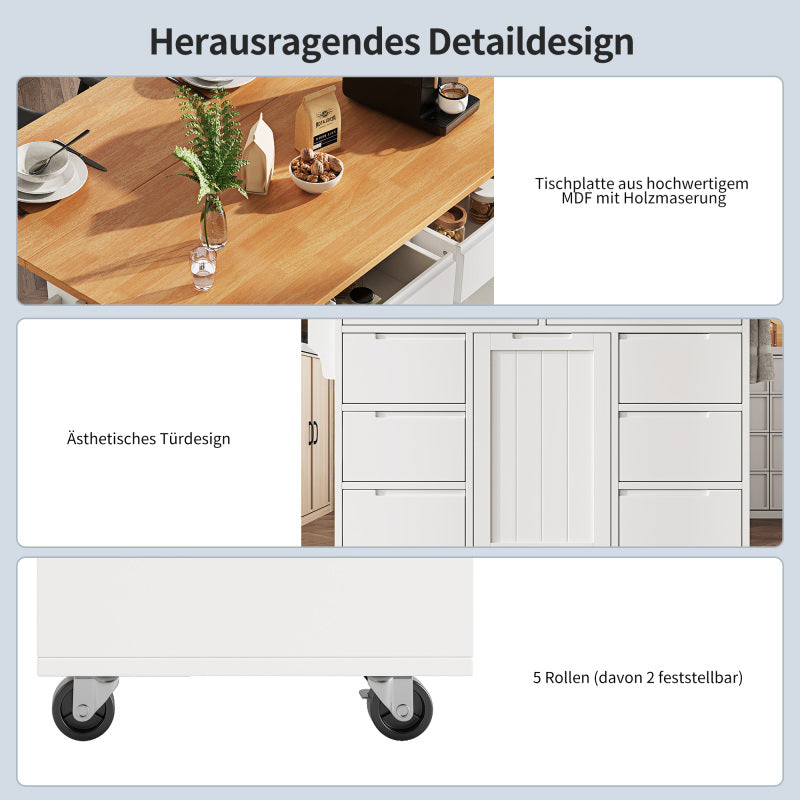 Moderne Kücheninsel, Küchenschrank, Ausziehbarer Küchenwagen mit Rollen und Arbeitsplatte, Servierwagen mit Gewürzregal und 8 Schubladen, weiß