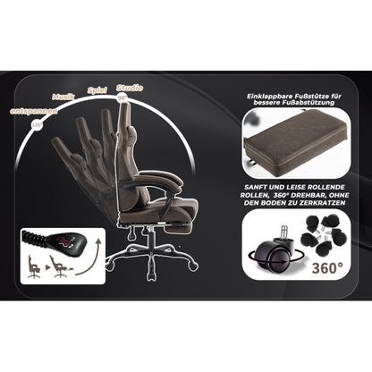Gaming Stuhl Computerstuhl Ergonomischer Gaming Chair mit Fußstütze Bürostuhl Ergonomischer Computerstuhl mit Lendenwirbelstütze Braun
