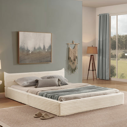 Doppelbett 140*200cm, mit Samtweichem Chenille-Bezug & Elegantem Kleinkantendesign am Kopfende, Beige (ohne Matratze)