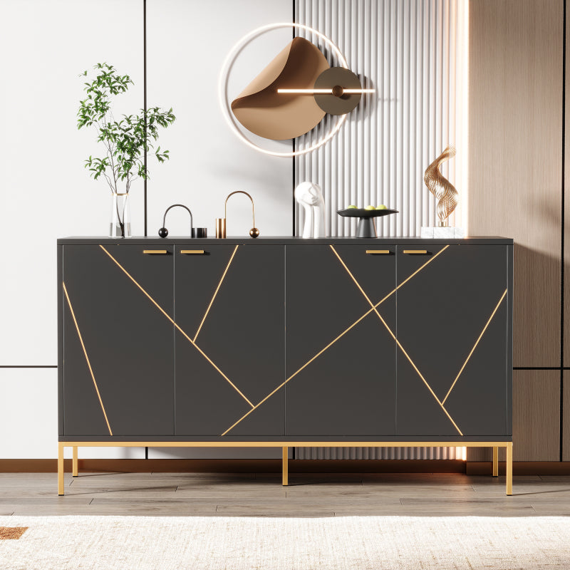 Sideboard mit vier Türen, Metallfüßen, TV-Schrank, Kleiderschrank,  geradliniges Design mit Metalllinien-Dekor, Schwarz+Golden