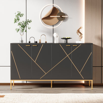 Sideboard mit vier Türen, Metallfüßen, TV-Schrank, Kleiderschrank,  geradliniges Design mit Metalllinien-Dekor, Schwarz+Golden