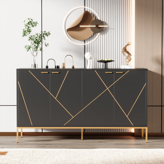 Sideboard mit vier Türen, Metallfüßen, TV-Schrank, Kleiderschrank,  geradliniges Design mit Metalllinien-Dekor, Schwarz+Golden
