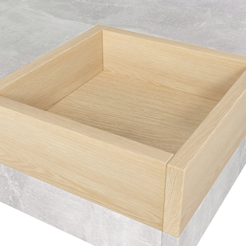 Couchtisch Wohnzimmertisch Beistelltisch mit herausnehmbarer Aufbewahrungsbox, Betongrau und Holzfarbe, 72*72*30 cm.
