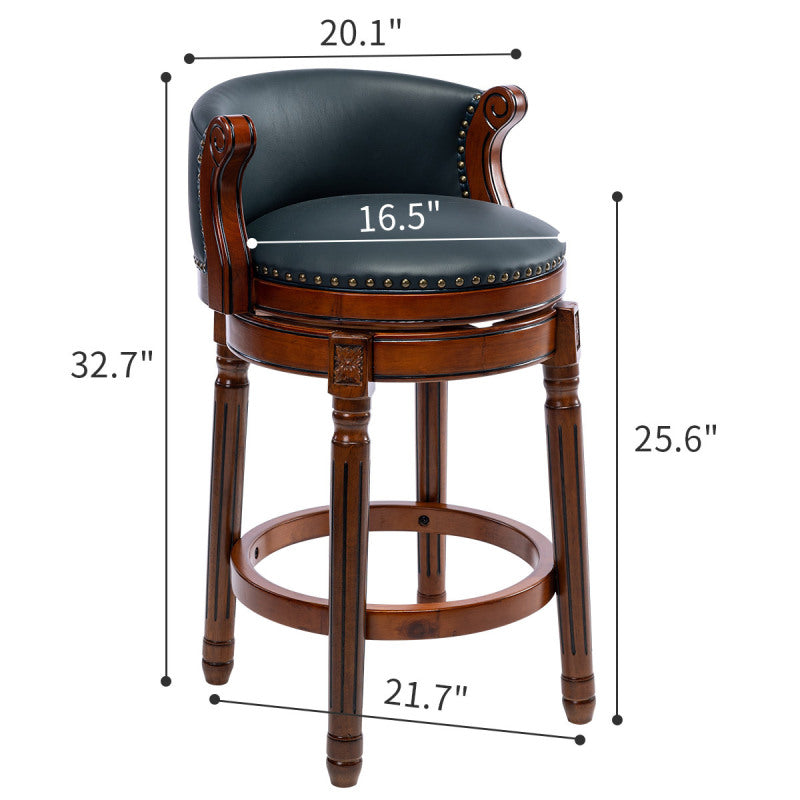 Barhocker aus Holz mit Kuhfell-Obermaterial, 360-Grad-Drehstuhl mit Rückenlehne, Blau + Sitzhöhe 75 cm