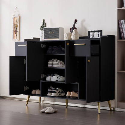 Schuhschrank, Schuhregal mit 2 Schubladen und 4 Türen, Metallfüße, schwarz