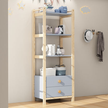 Standregal, 2 Schubladen, 4 Ebenen Bücherregal, Kieferrahmen, Vollholzgriffen, für Wohnzimmer, Schlafzimmer, Bücherzimmer, blau+natürliches Holz