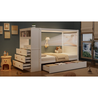 Einzelbett, Kinderbett mit Fallschutz und Gitter,  Holzbett mit Stauraum, Weiß+Natur,  90x200cm