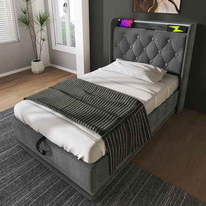 Polsterbett einzelbett,360-Surround-LED-Funktion, Drucktaste/App/Fernbedienung,90*200 cm, Grau Leinen-Material Hydraulisches Lagerbett, gepolstertes Kopfteil mit USB Typ-C Ladefunktion (Ohne Matratze)