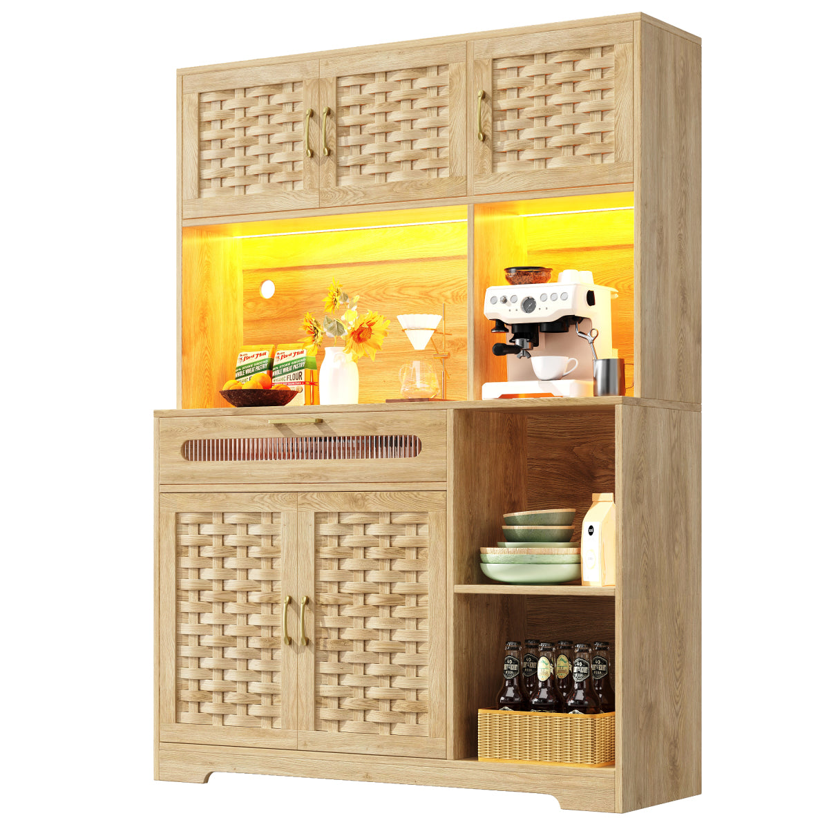 Hochschrank 120x40x180cm Vitrine mit LED-App-Steuerung & Musikmodus, Küchenschrank Natur Holzoptik, MDF-Geflecht & Glastüren