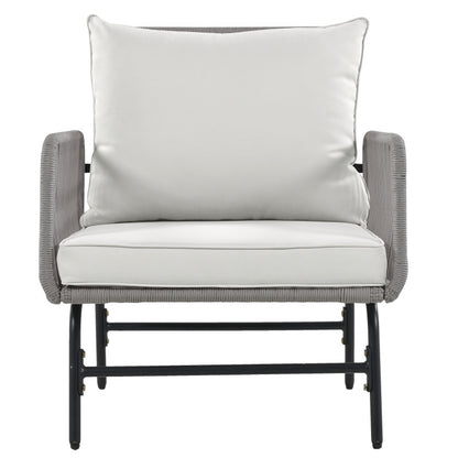 Gartenlounge-Set, Gartenmöbel-Set, Mit Eisenrahmen und grauem Seil, Gartenmöbel aus gewebtem Seil für den Außenbereich, Grau, Zwei Sessel, zwei 2-Sitzer-Sofas und zwei Tische (alle Kissen inklusive)