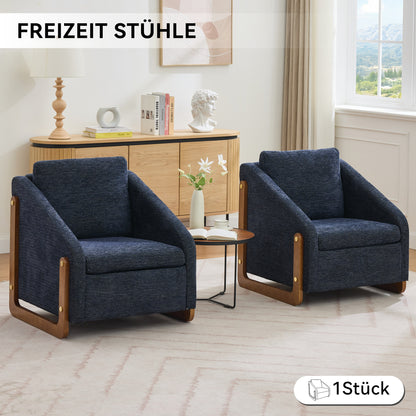 Sessel, Akzentstuhl für Wohnzimmer, Loungesessel, moderner Stuhl mit Armlehne aus Holz, mit Rückenkissen, blauer