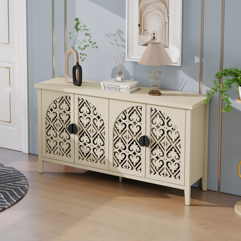 Natürliches Holzfarbener vier Türen Sideboard, mit geschnitztem und durchbrochenem Design, ausgestattet mit drei Einlegeböden. Geeignet für Wohnzimmer, Flur, Esszimmer und Küche.(147.6x40x80cm)