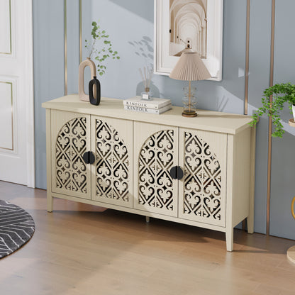 Natürliches Holzfarbener vier Türen Sideboard, mit geschnitztem und durchbrochenem Design, ausgestattet mit drei Einlegeböden. Geeignet für Wohnzimmer, Flur, Esszimmer und Küche.(147.6x40x80cm)