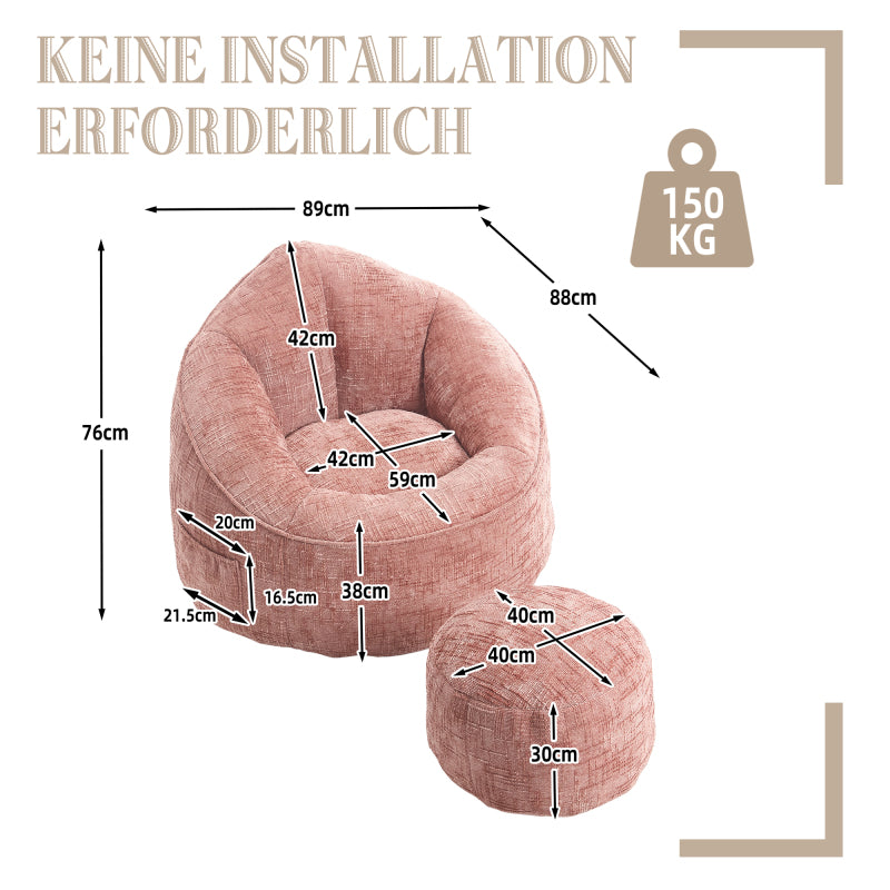 Sitzsack Sofa Stuhl für Erwachsene mit Fußstütze, Rosa